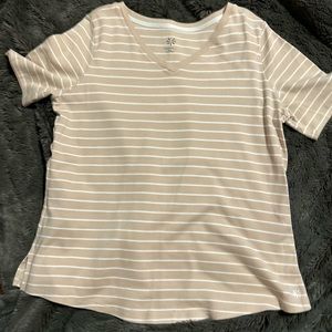 ISAAC MIZRAHI LIVE Tan w/white stripes short sleeve top Sz XL $15